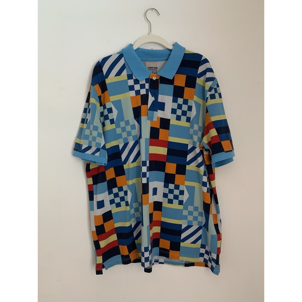 Lands End Polo Shirt Men Sz XL Sailing Yacht Flags Nautical All Over Print Prep